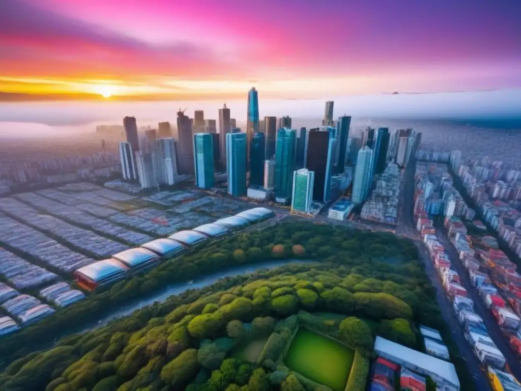 Horizonte urbano moderno de América Latina: inversión inmobiliaria en auge El vibrante crecimiento de la inversión inmobiliaria en América Latina se refleja en este impresionante paisaje urbano al atardecer