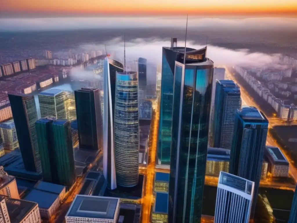 Vibrante skyline de rascacielos en Europa del Este El vibrante crecimiento del mercado inmobiliario en Europa del Este se refleja en la moderna silueta de la ciudad al atardecer
