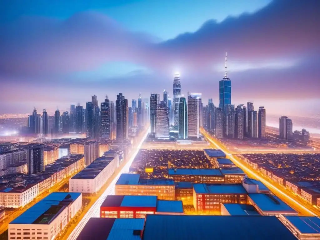 Metrópolis futurista en crecimiento al anochecer Vibrante metrópolis en crecimiento con rascacielos y luces brillantes al anochecer