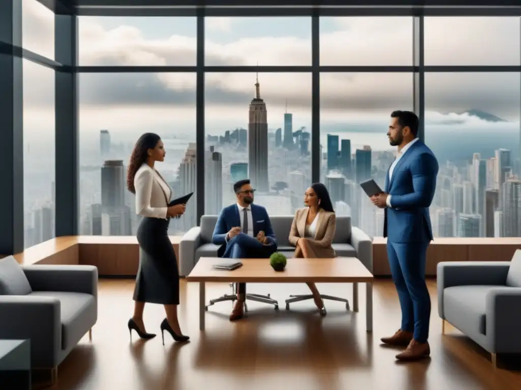 Profesionales debatiendo financiamiento inmobiliario en Latinoamérica Un vibrante debate sobre financiación inmobiliaria en América Latina entre profesionales diversos en una oficina moderna