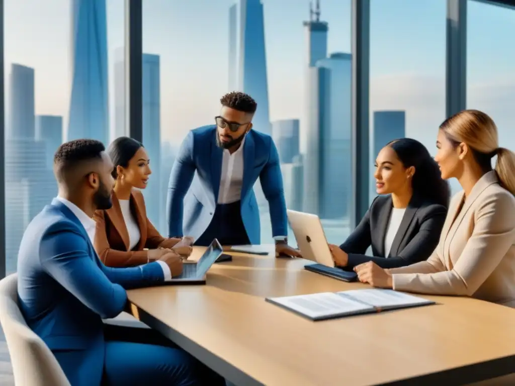 Jóvenes profesionales debaten inversiones inmobiliarias globales en moderno boardroom Un vibrante debate sobre inversión inmobiliaria internacional para Gen Z en una moderna sala de juntas con vista panorámica a la ciudad