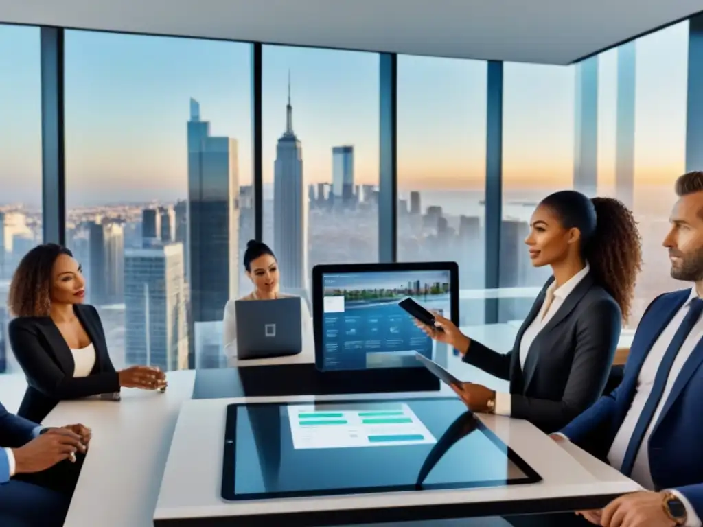 Profesionales colaborando en plataforma de crowdfunding inmobiliario Un vibrante debate en una oficina moderna con profesionales diversos, colaborando en estrategias avanzadas de crowdfunding inmobiliario internacional