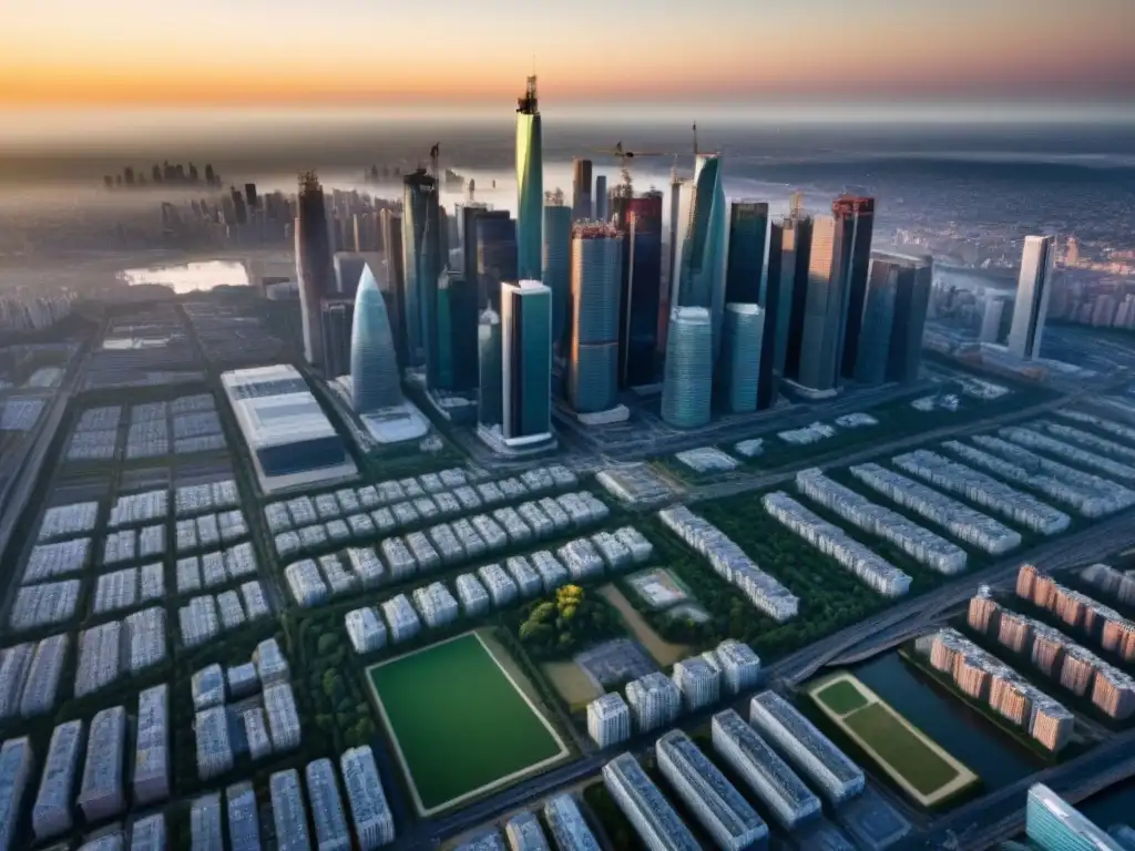 Metrópolis en crecimiento: paisaje urbano vibrante y dinámico Vibrante desarrollo inmobiliario en áreas metropolitanas con rascacielos, espacios verdes y obras en construcción