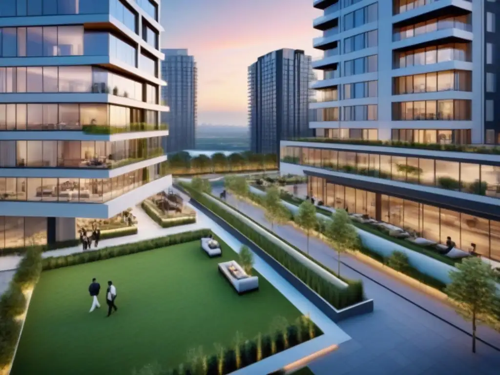 Desarrollo inmobiliario integrado: armonía moderna y verde Un vibrante desarrollo inmobiliario integrado con modernos rascacielos, espacios verdes y áreas comerciales