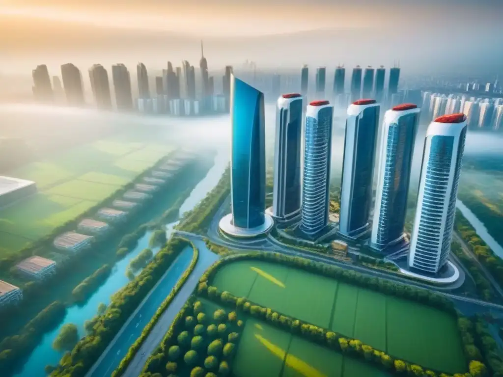 Desarrollo inmobiliario internacional: innovación y diversidad en acción Vibrante desarrollo inmobiliario internacional con rascacielos y diseño arquitectónico futurista, espacios verdes y bulliciosas calles