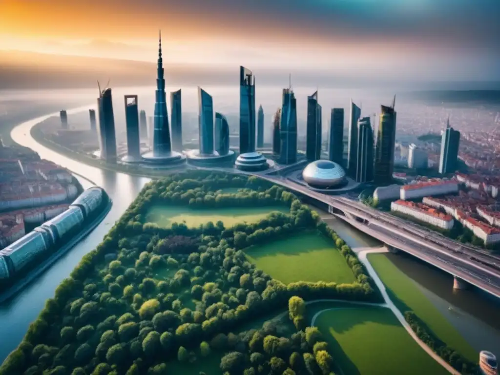 Horizonte futurista y energía vibrante: ciudad del Este de Europa Vibrante desarrollo inmobiliario en Europa del Este: mezcla de arquitectura histórica y rascacielos modernos bajo el cálido atardecer urbano
