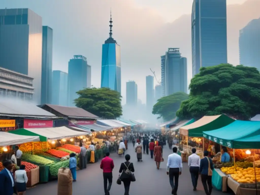 Metrópolis en desarrollo: rascacielos, naturaleza y diversidad Vibrante metrópolis en nación en desarrollo, con rascacielos, vegetación exuberante y diversidad de actividades