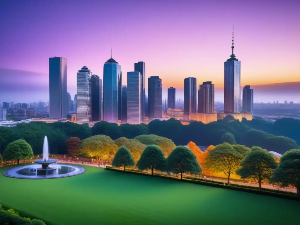 Metrópolis sostenible: naturaleza y tecnología en armonía al atardecer Un vibrante desarrollo urbano sostenible al atardecer, con finanzas verdes y armonía entre naturaleza y tecnología