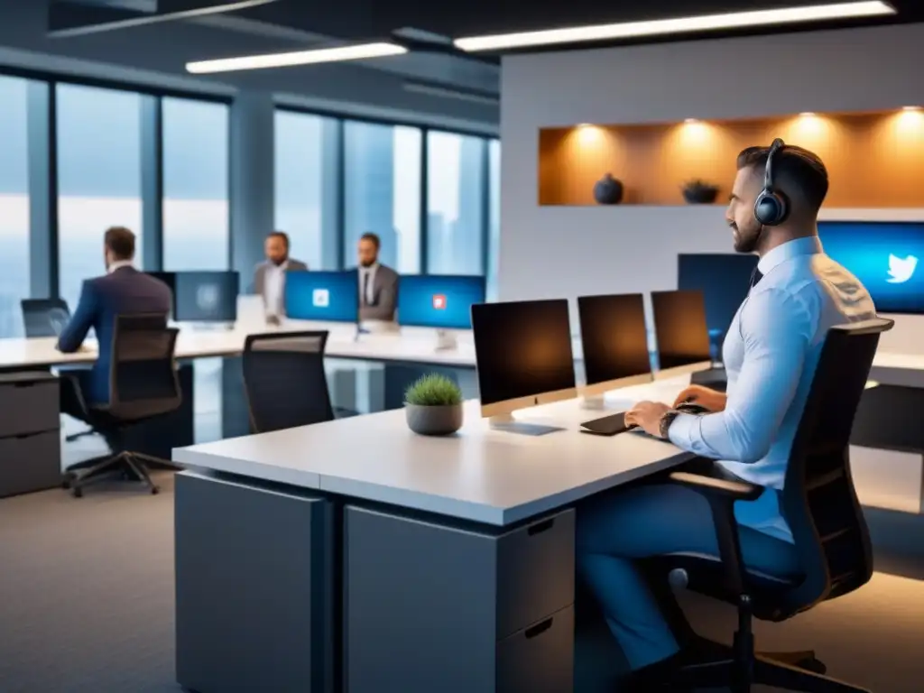 Oficina inmobiliaria moderna y dinámica: equipo diverso y alta tecnología Un vibrante despacho inmobiliario moderno con profesionales diversos discutiendo estrategias digitales para la generación de leads inmobiliarios