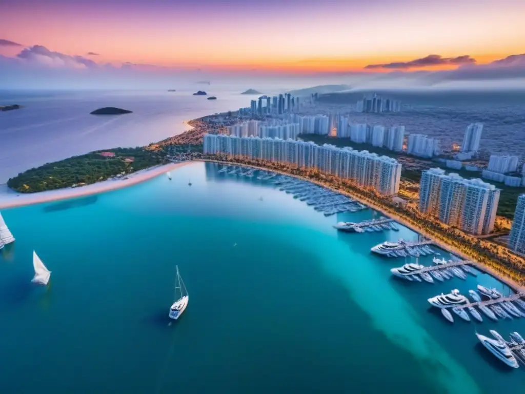 Destino costero de lujo: atardecer dorado sobre ciudad y marina Un vibrante destino costero con rascacielos modernos y resorts de lujo, bañado por aguas turquesas yates
