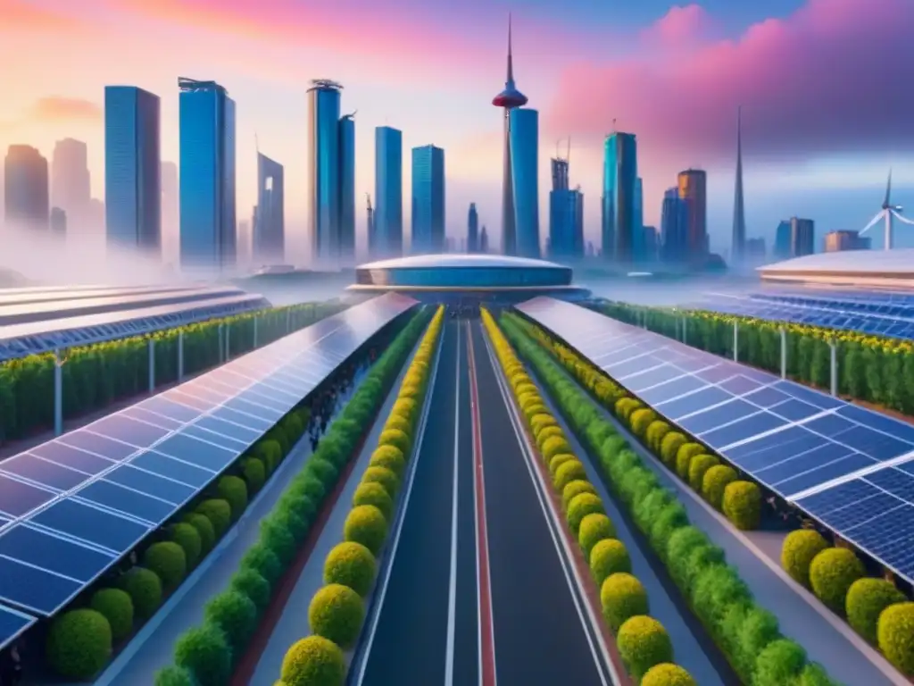 Metrópolis futurista: sostenibilidad y diversidad en la era pospandémica Vibrante ilustración digital de una ciudad futurista postpandemia con rascacielos, energía sostenible y diversidad urbana