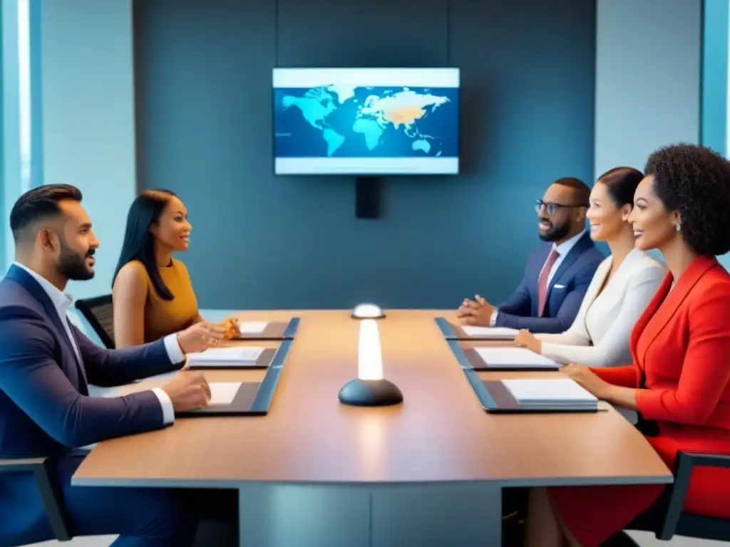 Conferencia global: diversidad y colaboración en negocios internacionales Una vibrante discusión global sobre derechos de propiedad en inversiones, con personas de diversos orígenes en una sala moderna y elegante