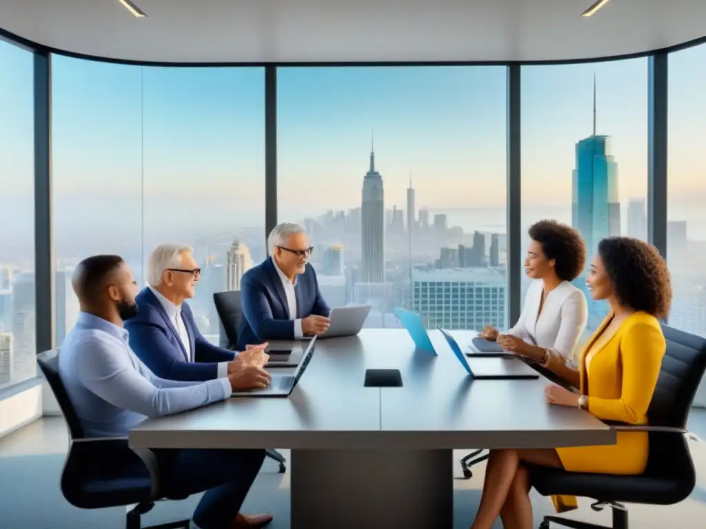 Generaciones unidas en inversión inmobiliaria Una vibrante discusión intergeneracional sobre inversiones inmobiliarias en una oficina moderna con vista a la ciudad