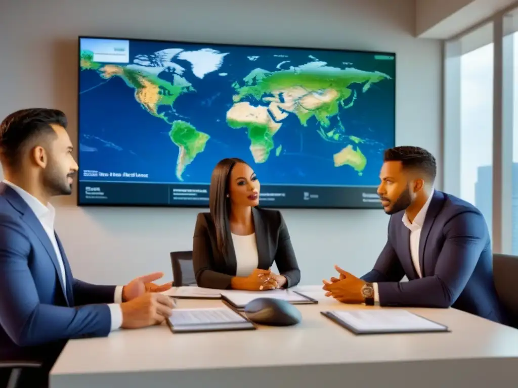 Profesionales debaten inversiones inmobiliarias Una vibrante discusión sobre inversiones inmobiliarias entre profesionales diversos, con gráficos y un mapa mundial en pantallas de fondo