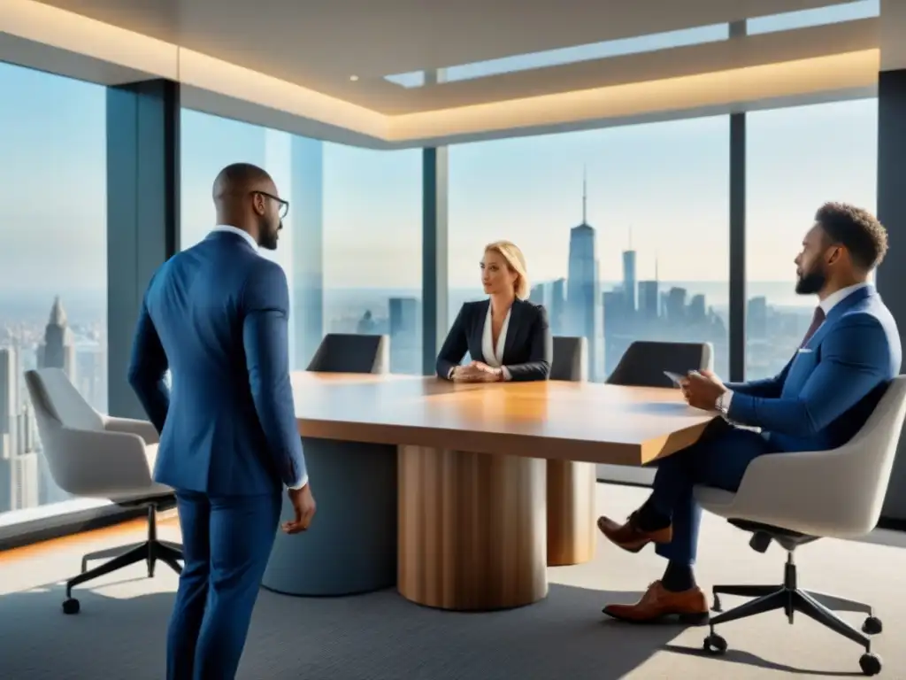 Profesionales exitosos en reunión de negocios en oficina de lujo Una vibrante discusión de profesionales en un elegante espacio de oficina con vista a la ciudad
