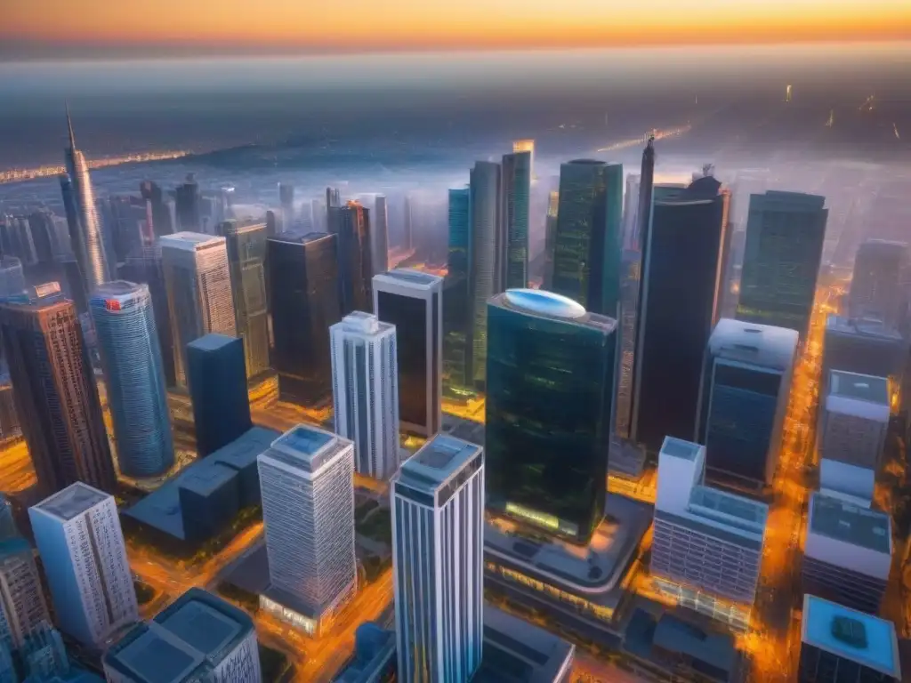 Centro financiero global al atardecer Vibrante distrito comercial global: oficinas, centros comerciales y hoteles