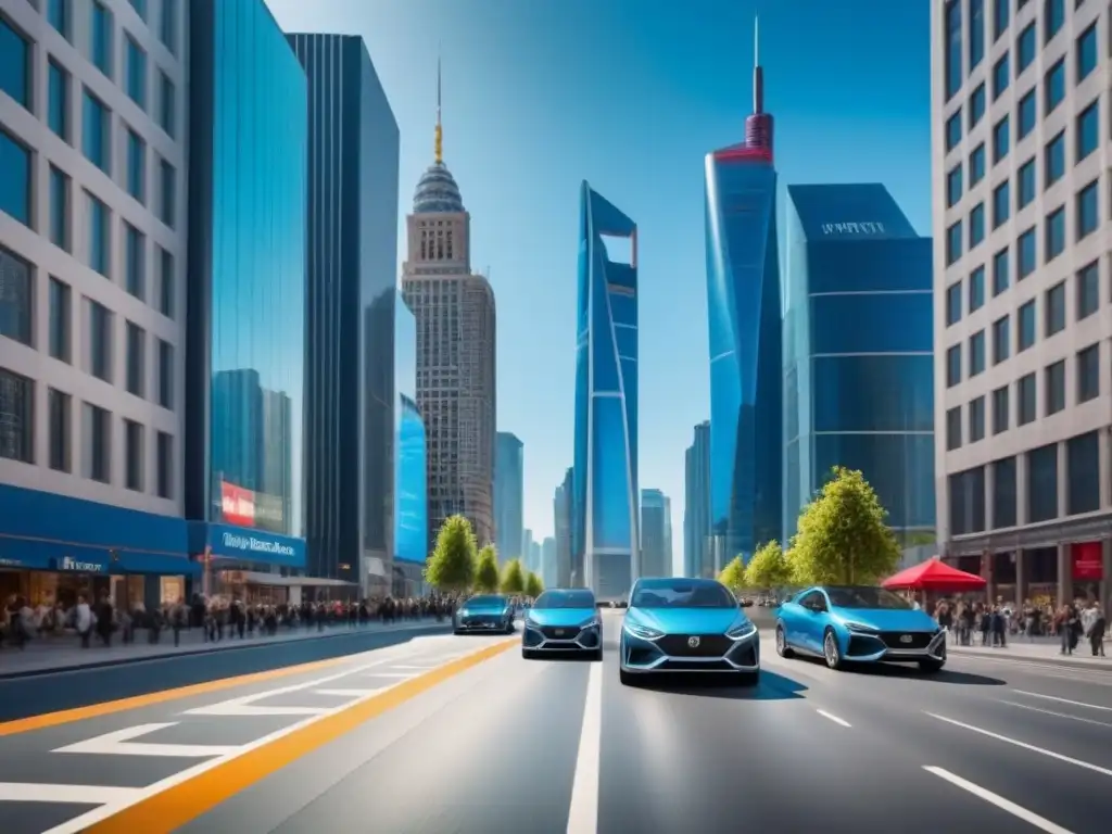Distrito Comercial Internacional: Skyscrapers, Profesionales y Banderas Vibrante distrito comercial internacional con rascacielos, profesionales y banderas de diferentes países ondeando bajo un cielo azul