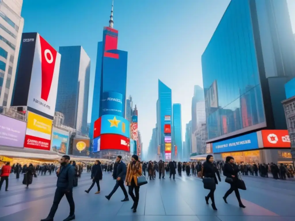 Distrito comercial internacional: vibrante y próspero Vibrante distrito comercial internacional en 2023 con rascacielos, negocios y personas de diversas culturas