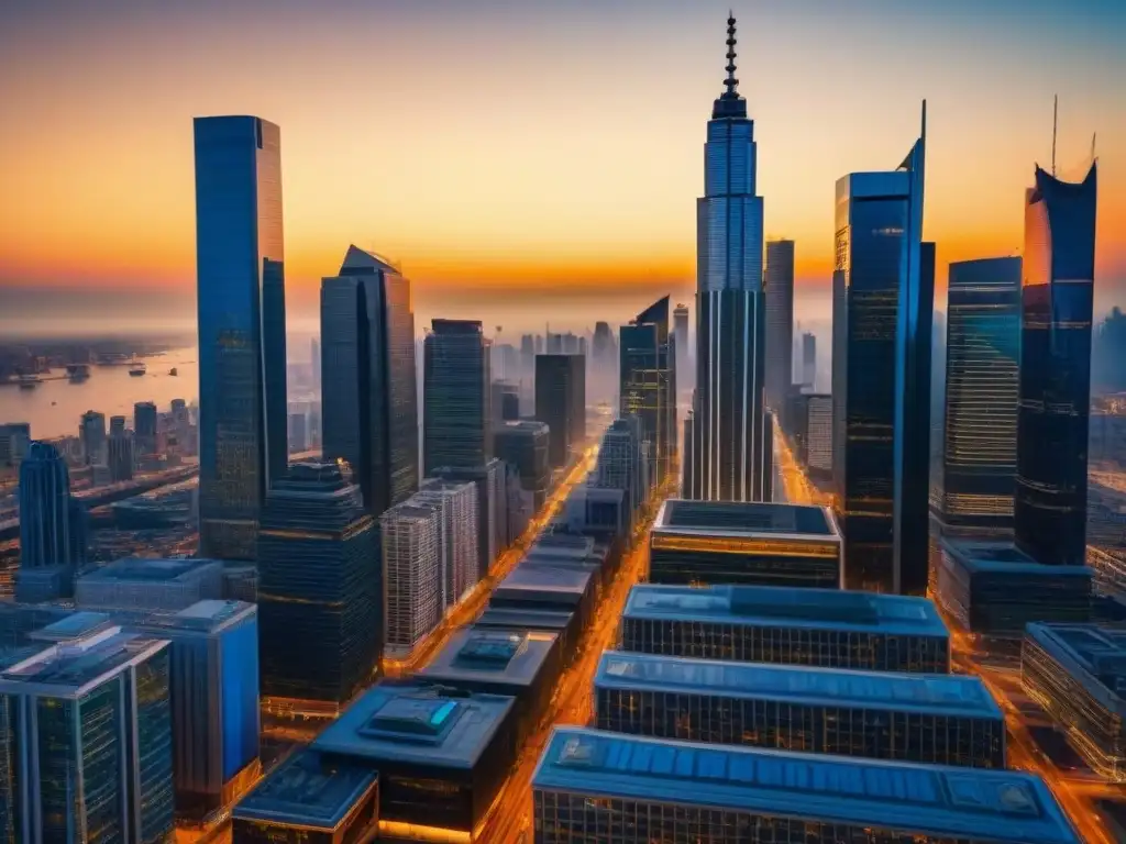 Distrito comercial futurista al atardecer: 8k ultra detallado Vibrante distrito comercial internacional con rascacielos y profesionales ocupados al atardecer