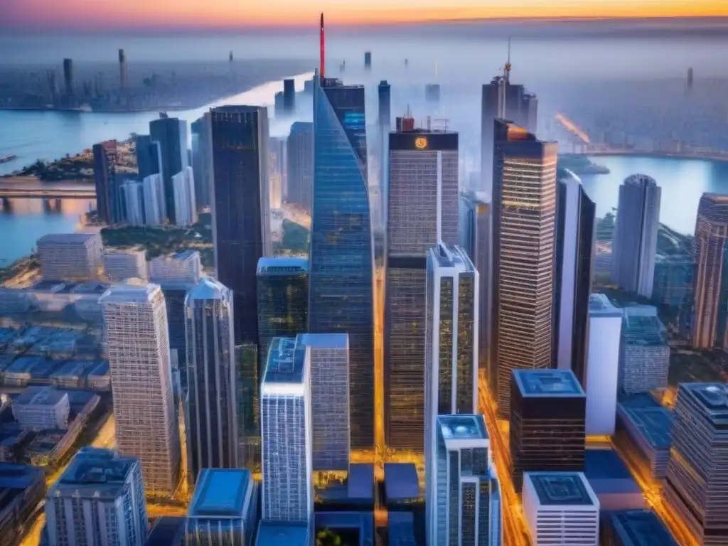 Vibrante distrito comercial: seguro para propiedades en auge Vibrante distrito comercial internacional con rascacielos modernos y profesionales, destacando la importancia de los seguros propiedades comerciales internacionales