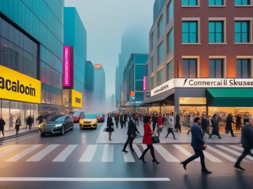 Escena urbana vibrante: diversidad de negocios en modernos rascacielos Un vibrante distrito comercial con rascacielos modernos y negocios diversos