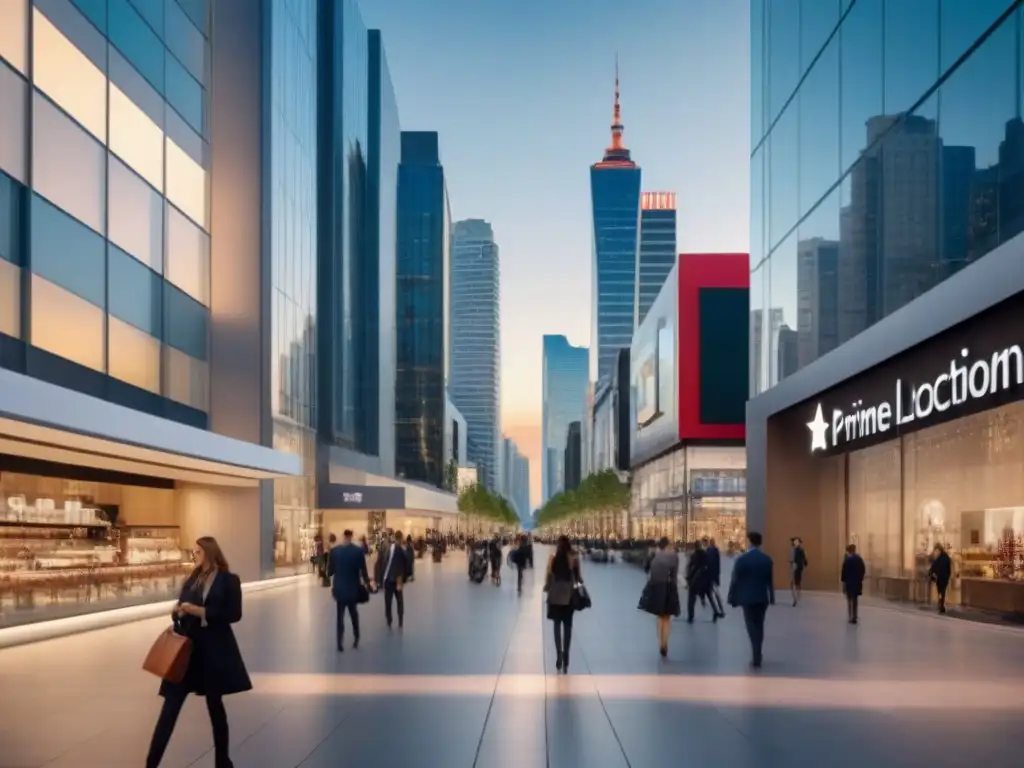 Distrito comercial moderno al atardecer: lujo y vitalidad urbana Un vibrante distrito comercial con rascacielos y boutiques de lujo, bañado por la cálida luz del atardecer