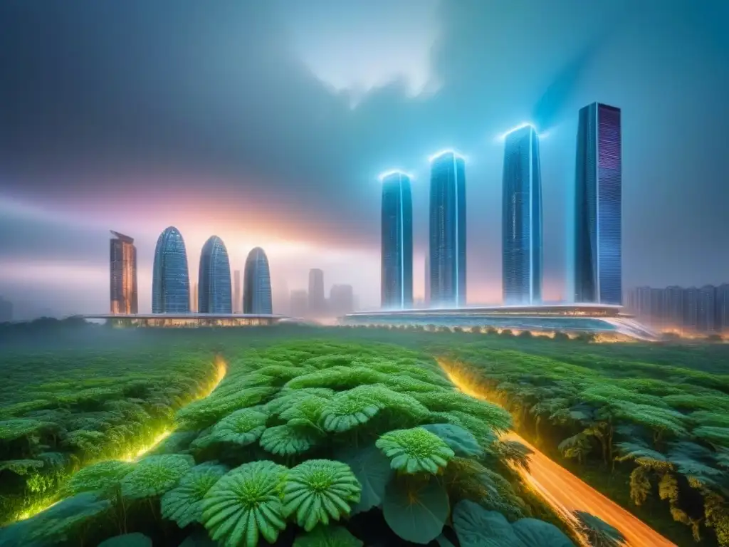 Metrópolis futurista sostenible: armonía entre naturaleza y tecnología Vibrante distrito de compras internacional con rascacielos sostenibles y espacios verdes integrados, reflejando la fusión de naturaleza y tecnología