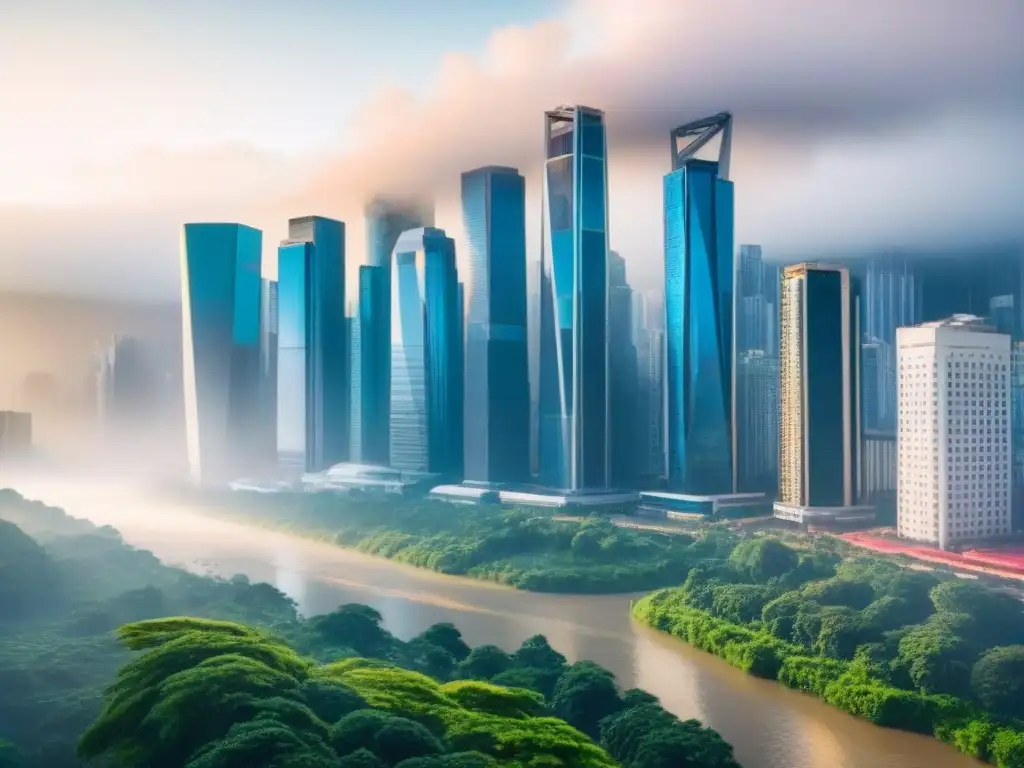 Centro financiero emergente: panorama de rascacielos y energía dinámica El vibrante distrito financiero de una ciudad de mercado emergente, con rascacielos modernos reluciendo bajo el sol y un río serpenteando