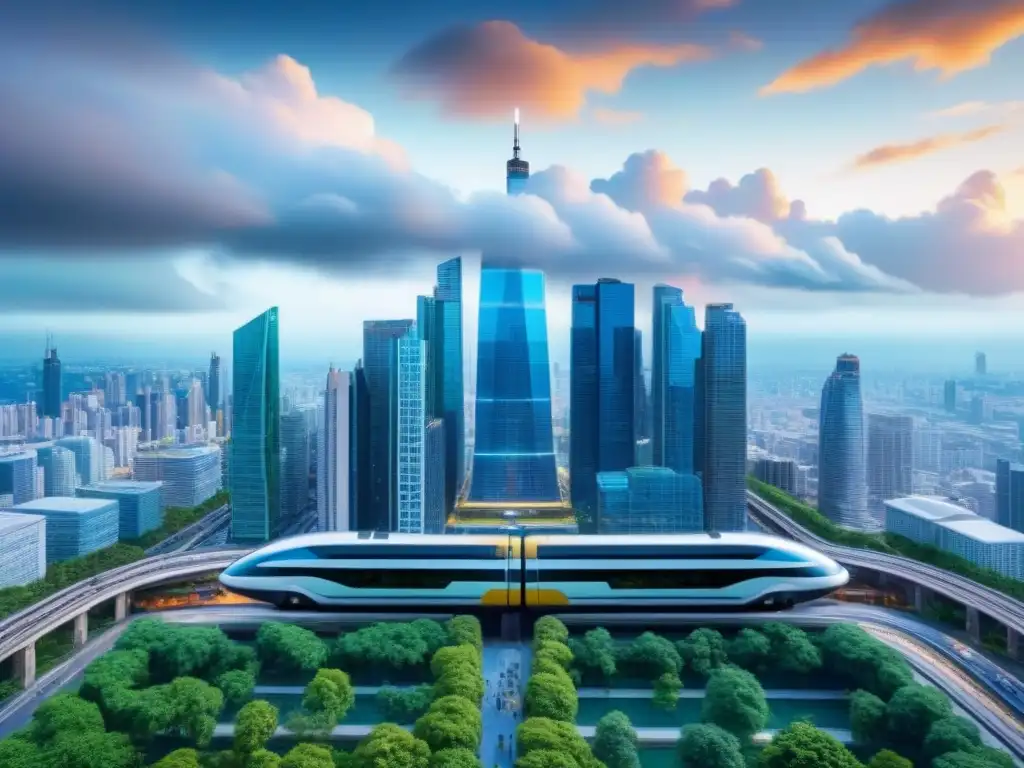 Centro financiero vibrante en mercado emergente: skyline 8k Un vibrante distrito financiero en una ciudad de mercados emergentes, con rascacielos modernos y naturaleza exuberante