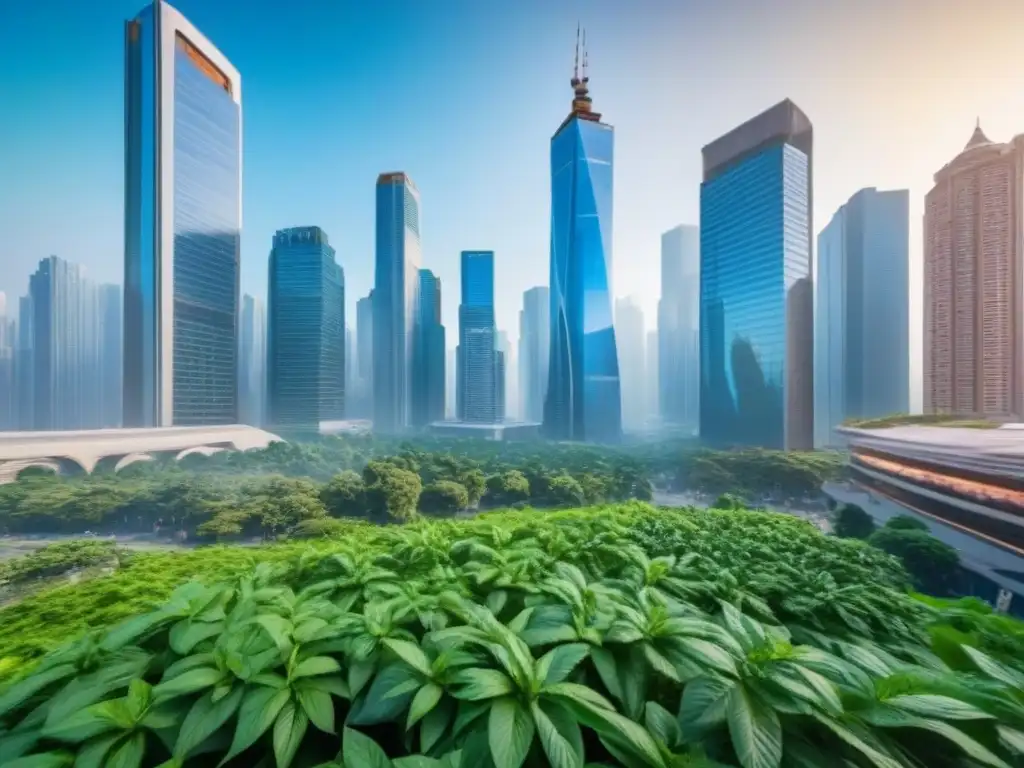 Vibrante distrito financiero en mercado emergente: inversión inmobiliaria Vibrante distrito financiero en ciudad emergente, con rascacielos modernos, naturaleza exuberante y profesionales en discusiones