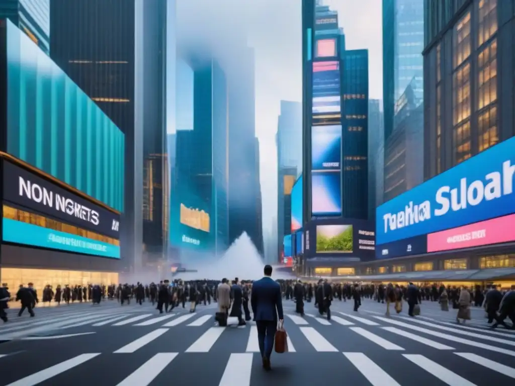 Distrito financiero global: ajetreo y modernidad Vibrante distrito financiero global, con rascacielos modernos, profesionales atareados y datos bursátiles en tiempo real