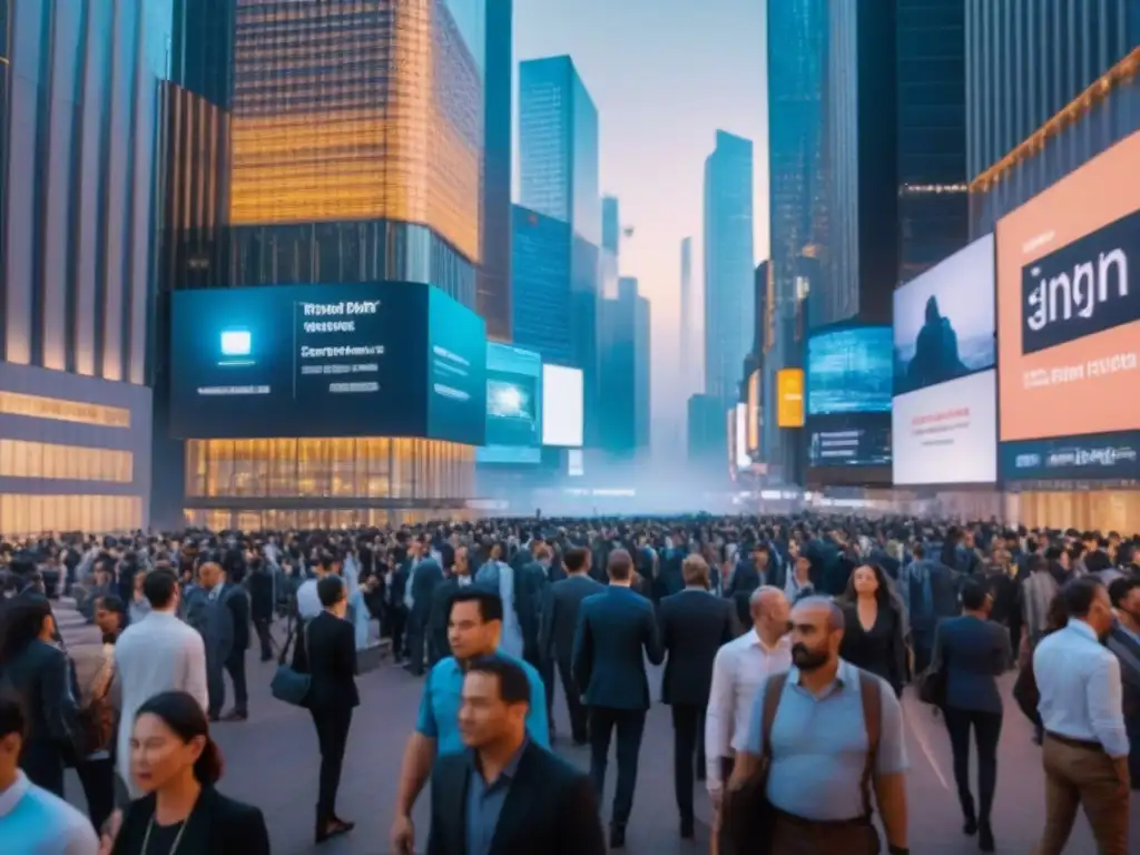 Distrito financiero global: energía y sofisticación en 8k Vibrante distrito financiero global con rascacielos modernos, calles con gente y pantallas de mercado, iluminado por luces de la ciudad