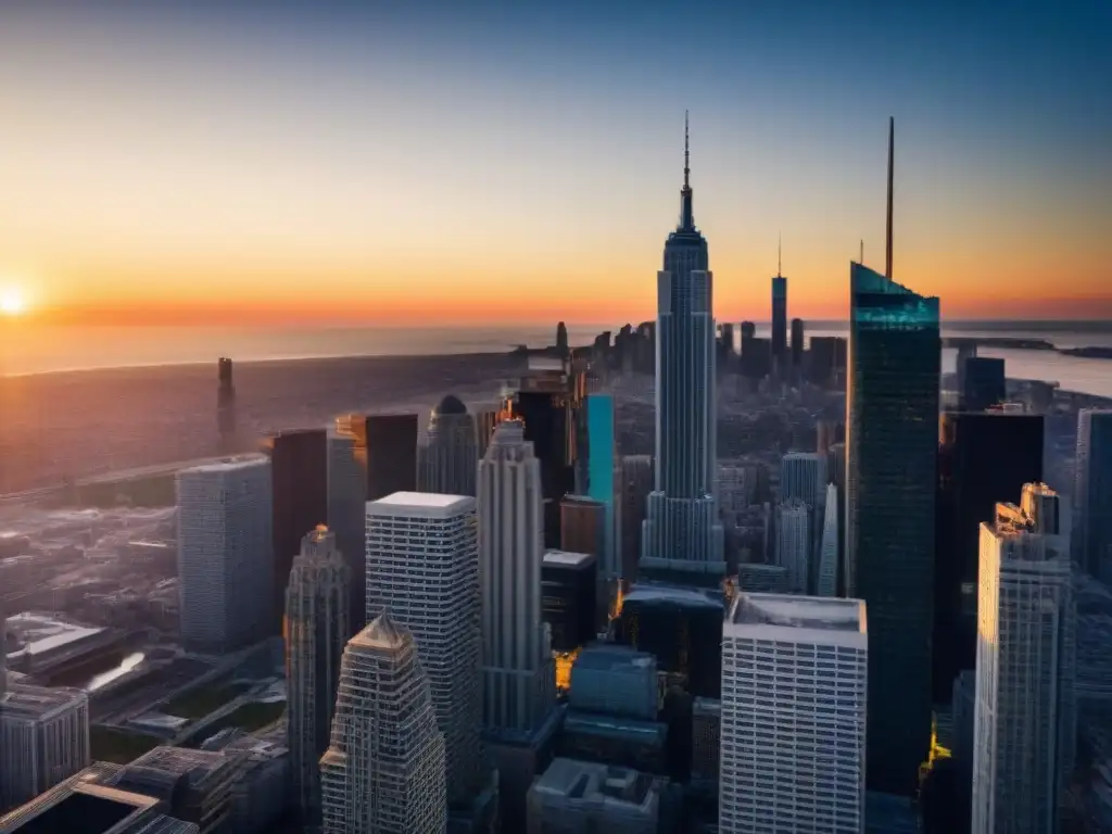 Distrito financiero global: fusión de tradición y modernidad al atardecer Un vibrante distrito financiero global fusiona elementos tradicionales y contemporáneos en el mercado inmobiliario internacional
