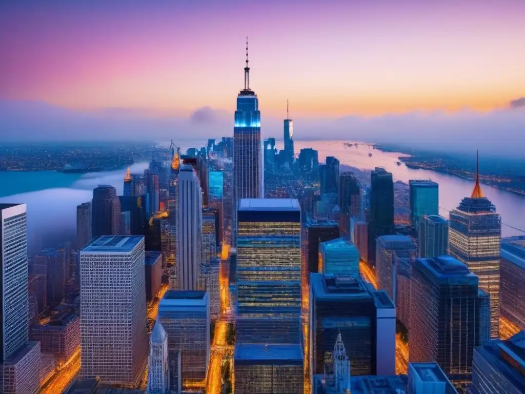 Distrito financiero global: luces futuristas y colaboración internacional Un vibrante distrito financiero global al atardecer refleja la colaboración internacional y la actividad de inversión