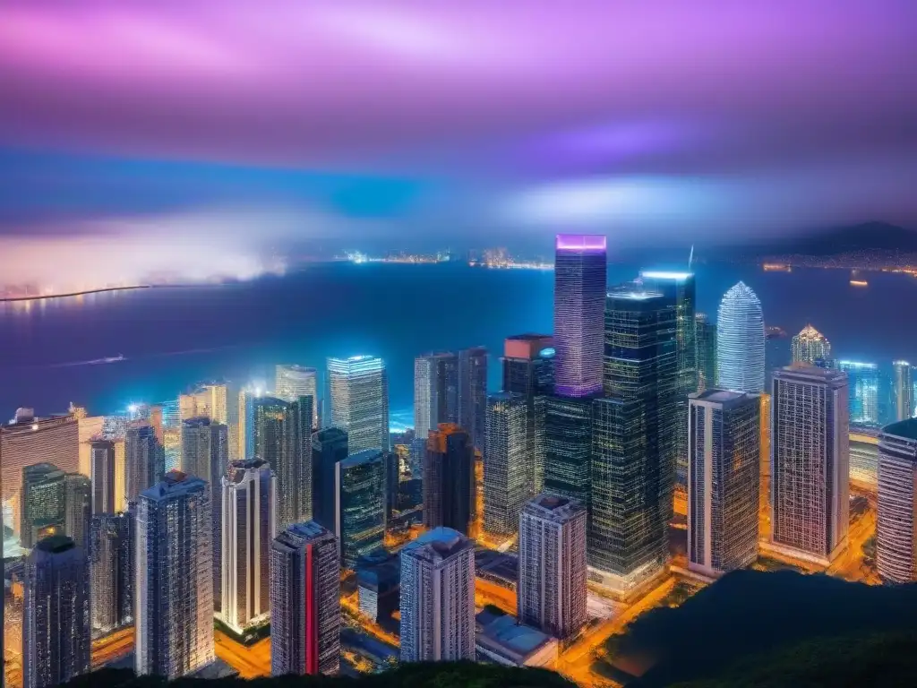 Luces nocturnas en distrito financiero: mercado de seguros Un vibrante distrito financiero iluminado por la noche, reflejando la energía del mercado internacional de seguros propiedad comercial