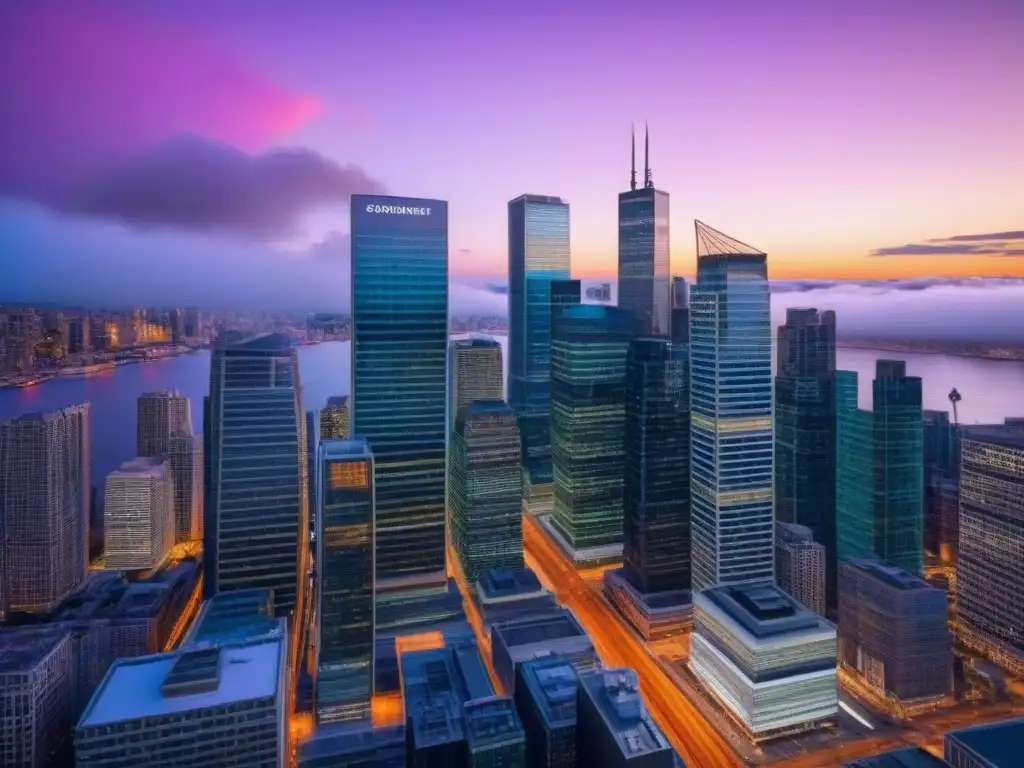 Distrito financiero global: luces y oportunidades de inversión Vibrante distrito financiero iluminado de noche, reflejando oportunidades de inversión y tasas de interés