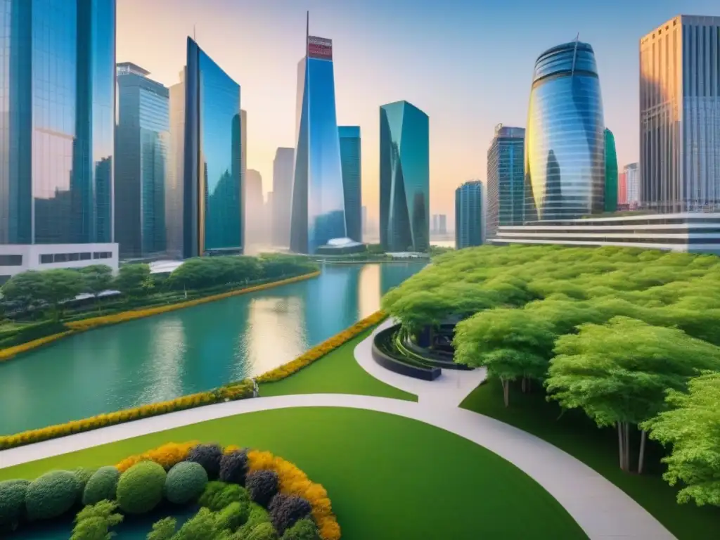 Distrito financiero internacional: éxito y prosperidad global Vibrante distrito financiero internacional con rascacielos, parques y profesionales en discusiones al aire libre al atardecer
