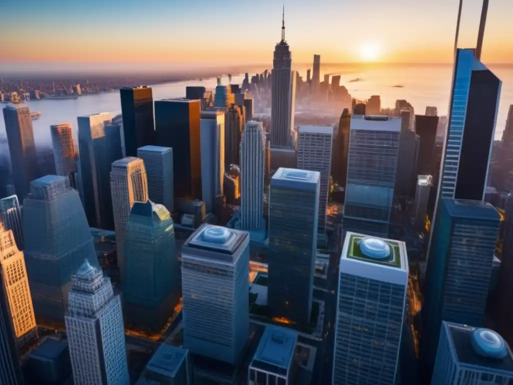 Distrito financiero internacional: atardecer futurista Un vibrante distrito financiero internacional al atardecer, con rascacielos modernos y profesionales ocupados, refleja seguridad y crecimiento