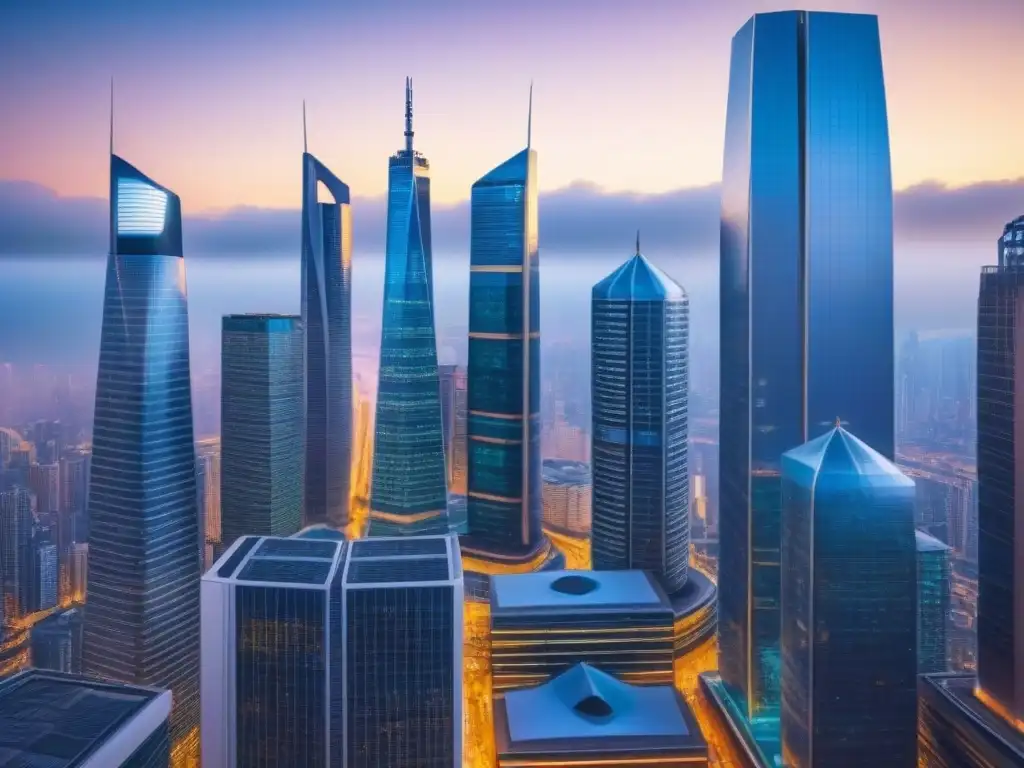 Distrito financiero futurista: transacciones blockchain en tiempo real Vibrante distrito financiero internacional del futuro con inversiones internacionales en tiempo compartido
