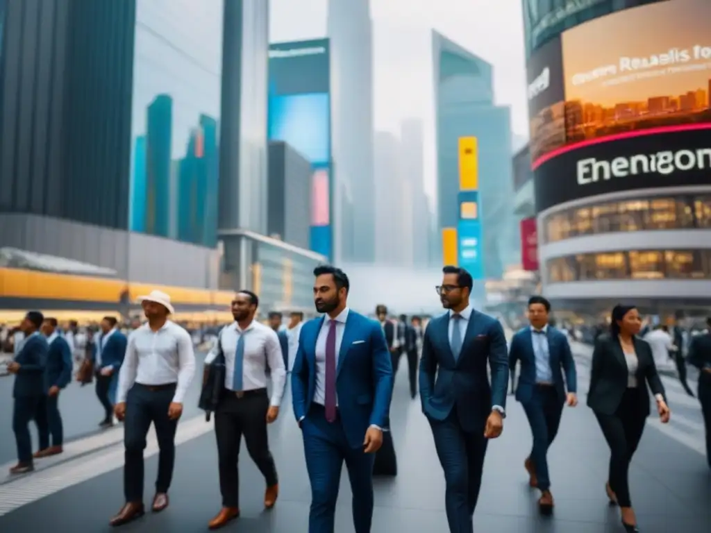 Metrópolis emergente: vibrante distrito financiero con innovación global Un vibrante distrito financiero en mercado emergente, con rascacielos modernos y ejecutivos, reflejando crecimiento e inversión internacional