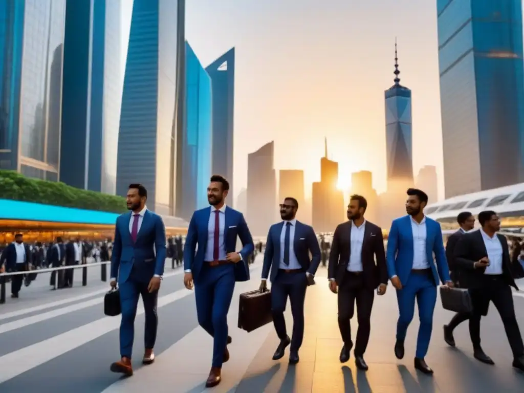 Un vibrante distrito financiero en un país emergente, reflejando rascacielos al atardecer