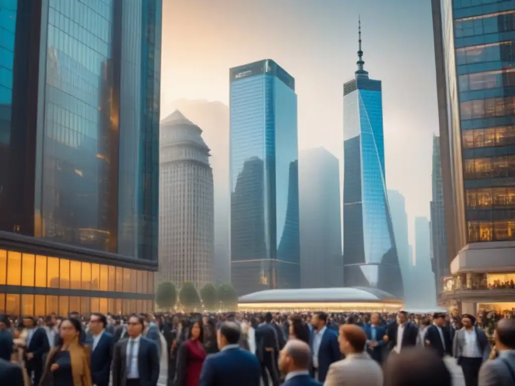 Vibrante escena financiera con profesionales y rascacielos Un vibrante distrito financiero con profesionales diversificados discutiendo estrategias para seleccionar REITs