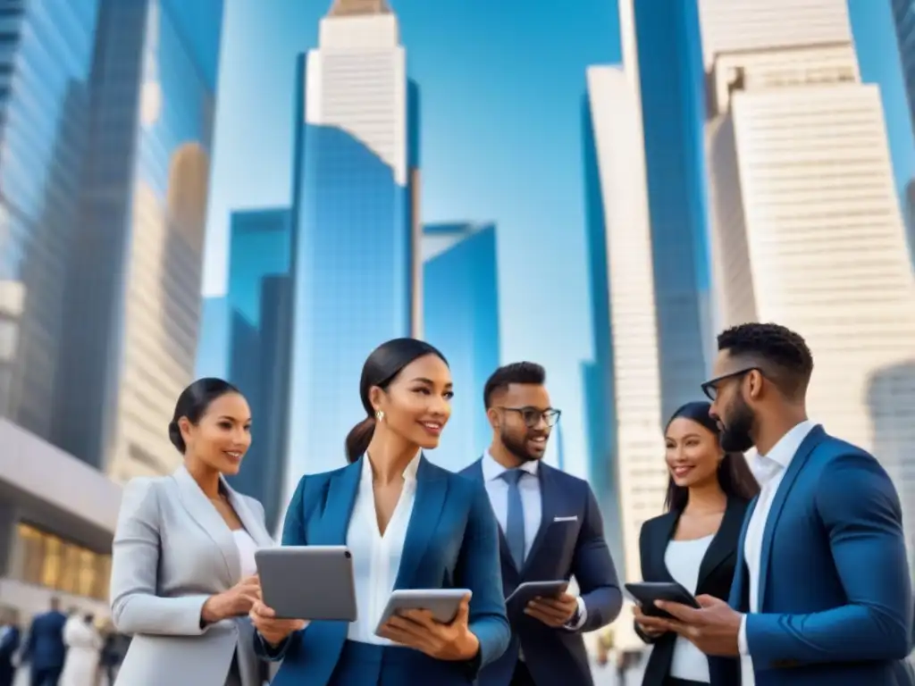 Distrito financiero moderno: profesionales en acción Un vibrante distrito financiero con rascacielos modernos bajo un cielo azul, profesionales en discusiones animadas y tecnología