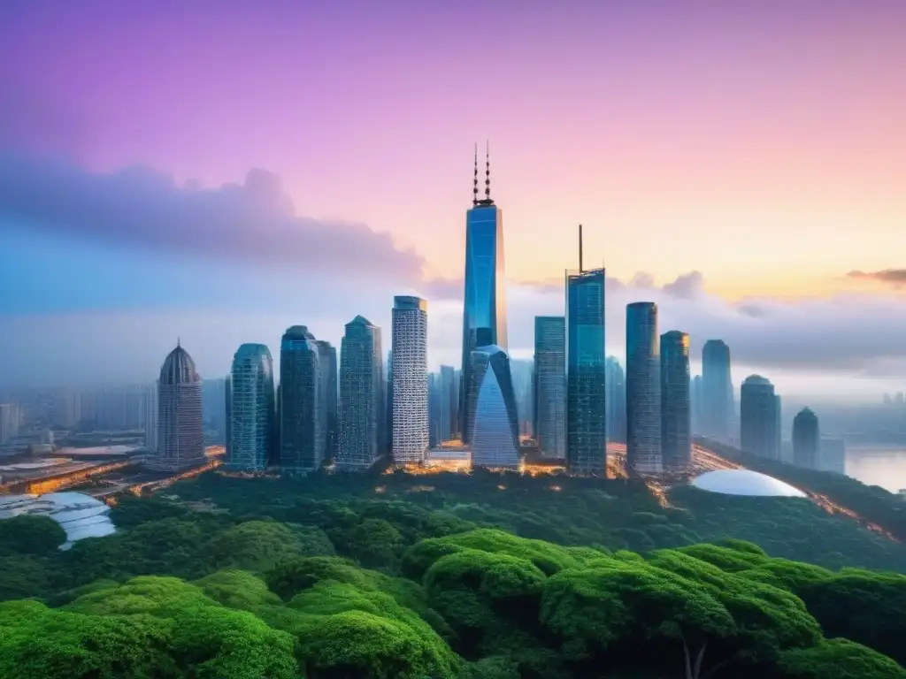 Horizonte financiero moderno: inversión inmobiliaria internacional próspera Vibrante distrito financiero con rascacielos rodeados de vegetación, reflejando inversiones inmobiliarias internacionales seguras