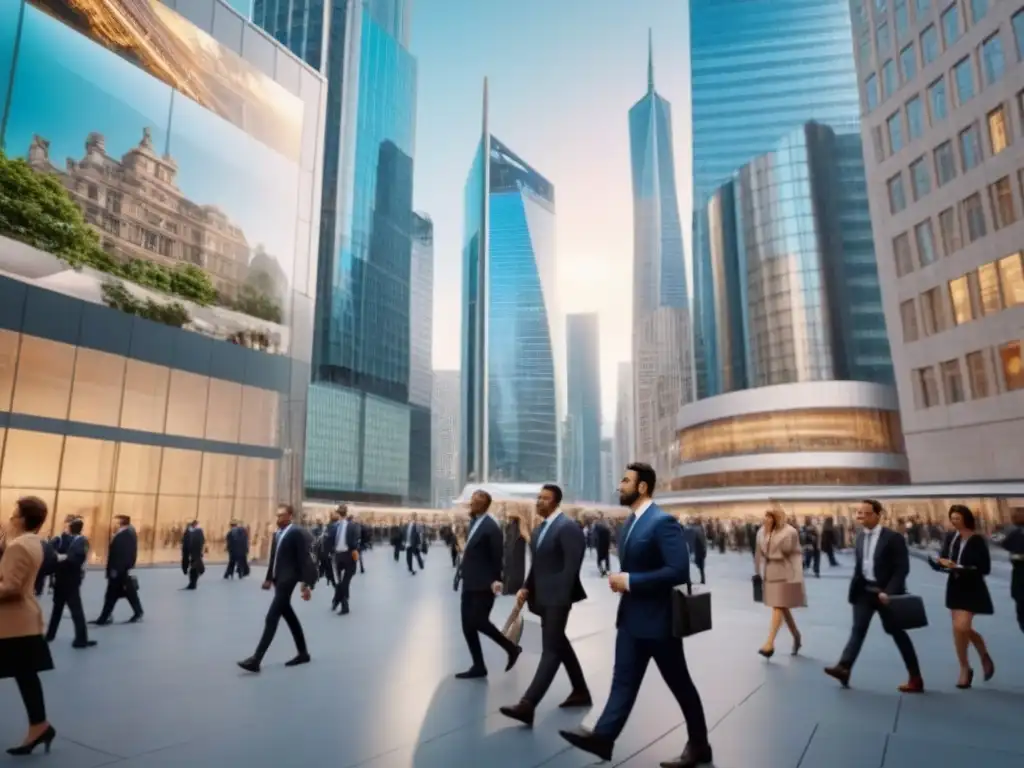 Distrito financiero global: rascacielos, inversiones y oportunidades Vibrante distrito financiero post-Brexit con rascacielos modernos, personas de negocios y datos de mercado