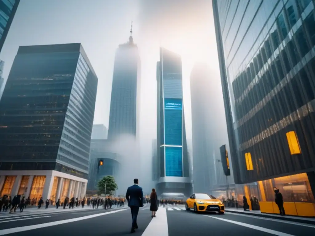 Horizonte financiero global: mercado inmobiliario post-Brexit Vibrante distrito financiero con rascacielos modernos, reflejo del impacto Brexit mercado inmobiliario