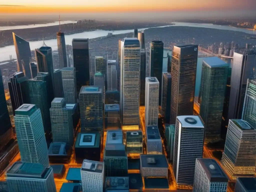 Inversión inmobiliaria: skyline vibrante y regulaciones financieras Vibrante distrito financiero con rascacielos, mostrando la relación entre inversores y regulaciones fiscales