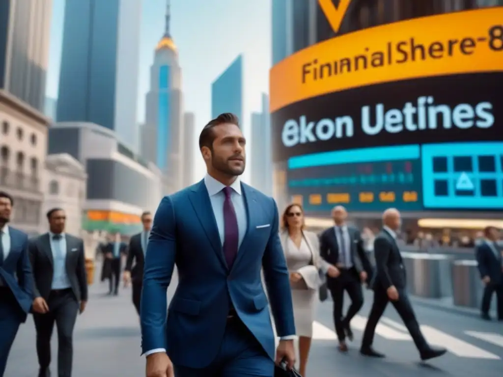 Distrito financiero: modernidad y éxito en 8K Vibrante distrito financiero con rascacielos, ejecutivos y pantallas de la bolsa