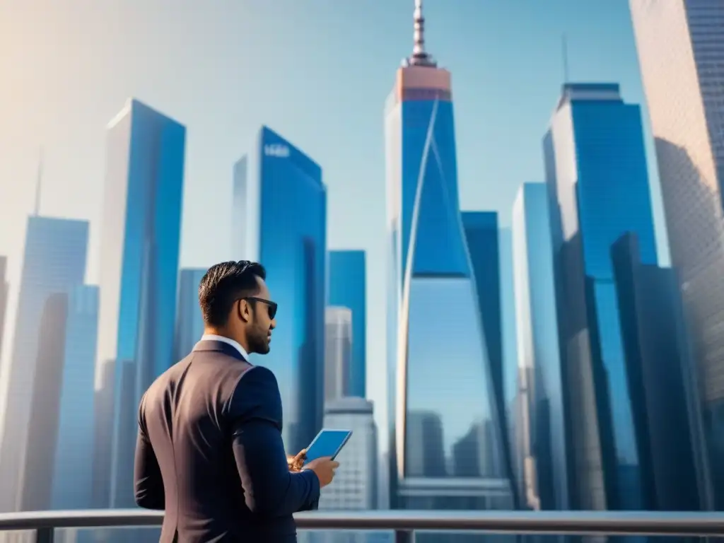 Inversión global: Profesionales en el distrito financiero Un vibrante distrito financiero con rascacielos modernos bajo un cielo azul, reflejando la interconexión global de los mercados de inversión