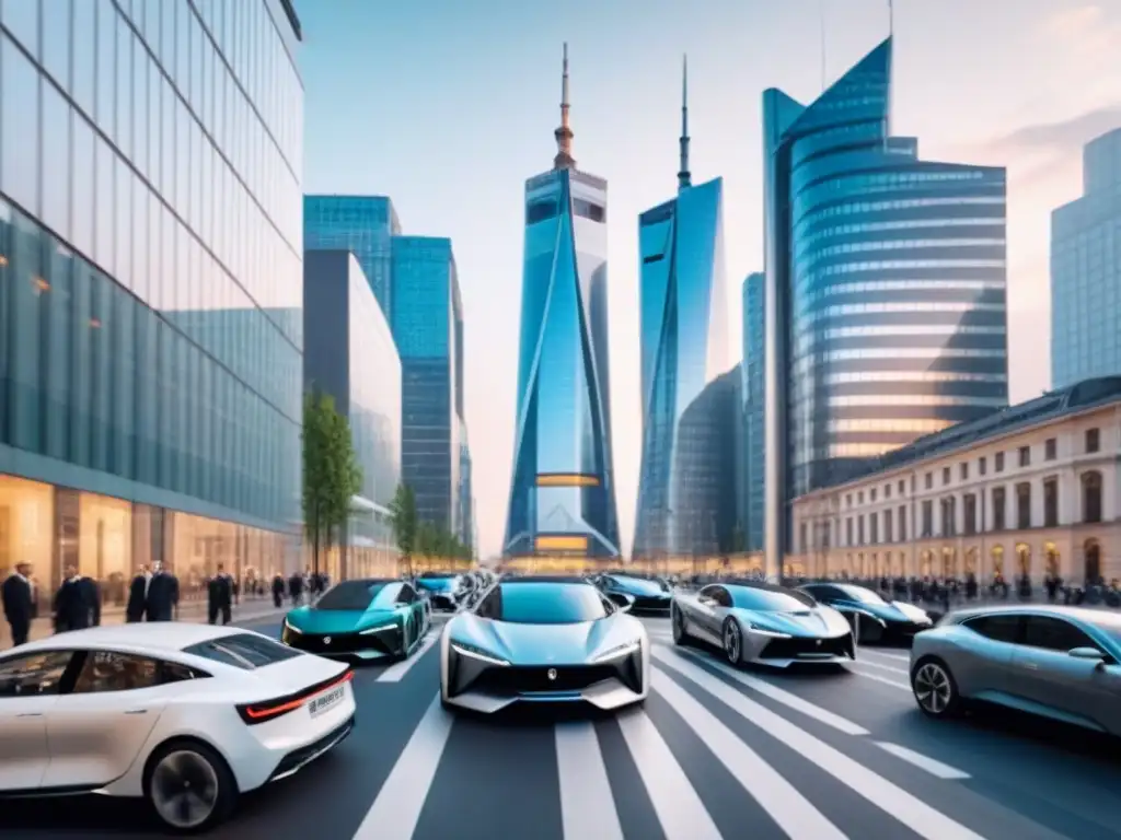 Distrito financiero: modernidad y oportunidad en Europa del Este Vibrante distrito financiero en Europa del Este: rascacielos modernos, ejecutivos y autos eléctricos